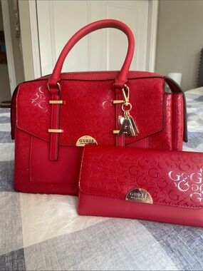 GUESS Red Patent Logo-Embossed Satchel with Matching Wallet